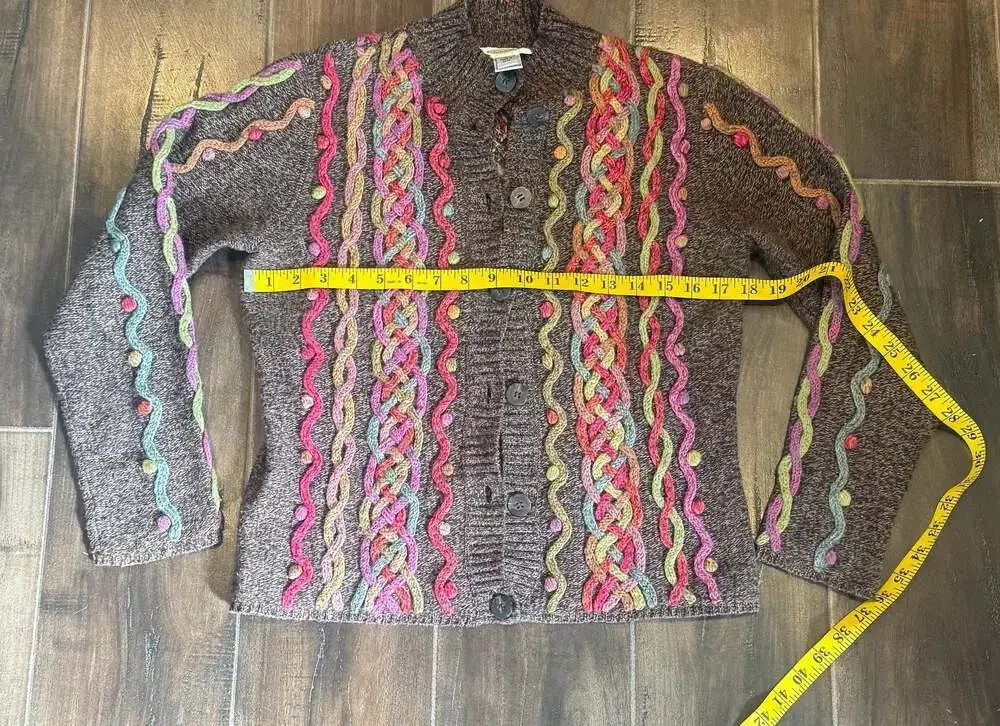 Vintage Talbots Brown Multicolored 3D Braided Artsy Cardigan Sweater